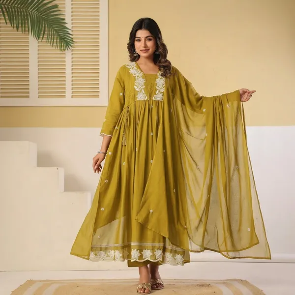 Mustard_Green_Cotton_Anarkali_Kurta_Set_For_Women