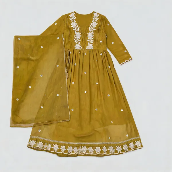 Mustard_Green_Cotton_Anarkali_Kurta_Set_For_Women
