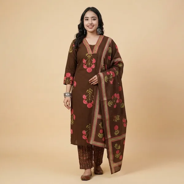 Brown_Cotton_Printed_Kurta_Set_For_Women