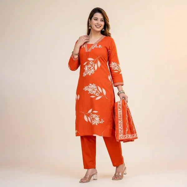 Orange_Cotton_Floral_Print_Straight_Kurta_Set_For_Women