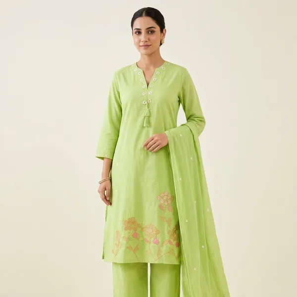 Green_Cotton_Embroidered_Kurta_Set_For_Women