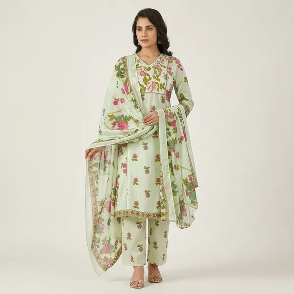 Green_Cotton_Floral_Print_Straight_Kurta_Set_For_Women