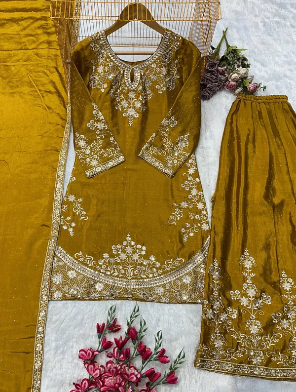 Olive_Georgette_Embroidered_Kurta_Flared_Bottoms_Dupatta_Set_For_Women