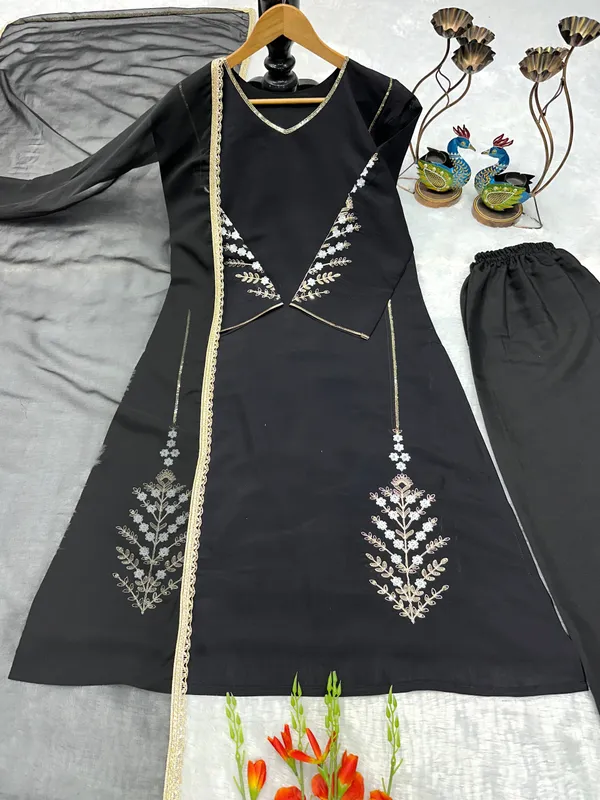 Black_Georgette_Embroidered_Straight_Kurta_With_Bottoms_Dupatta_For_Women