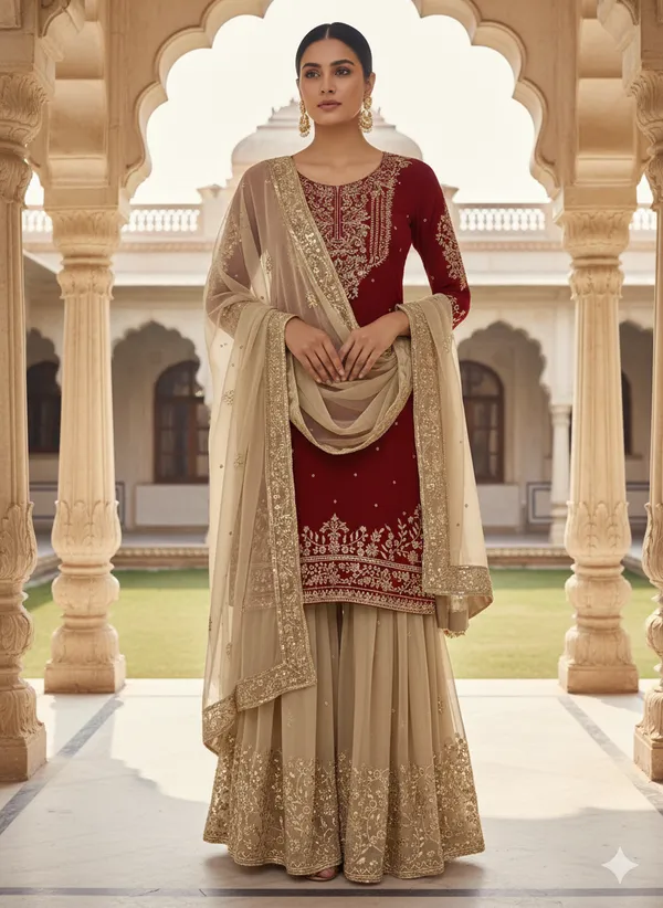 Red_Georgette_Embroidered_Sharara_Kurta_Set_For_Women