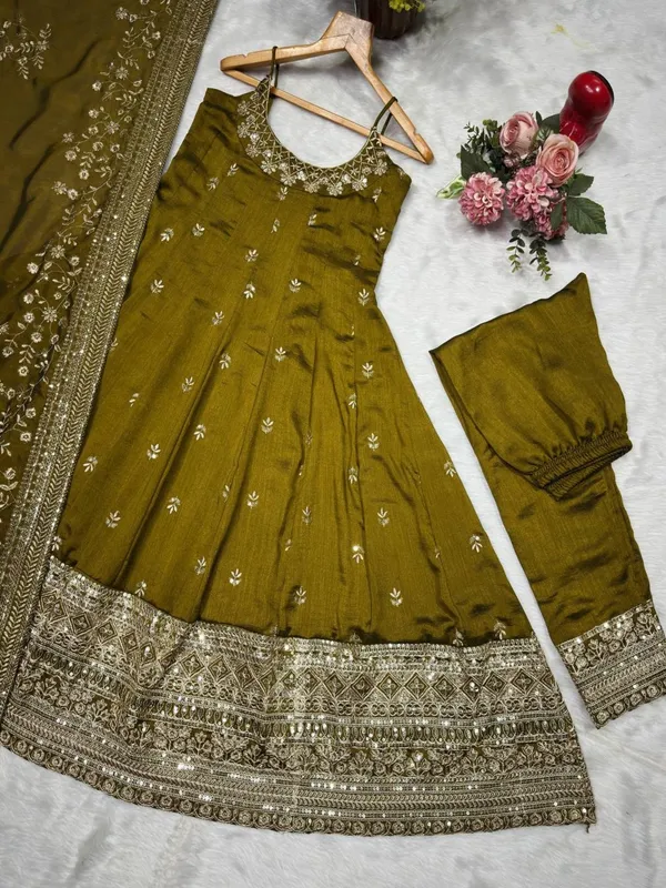 Olive_Georgette_Embroidered_Anarkali_Kurta_Set_For_Women