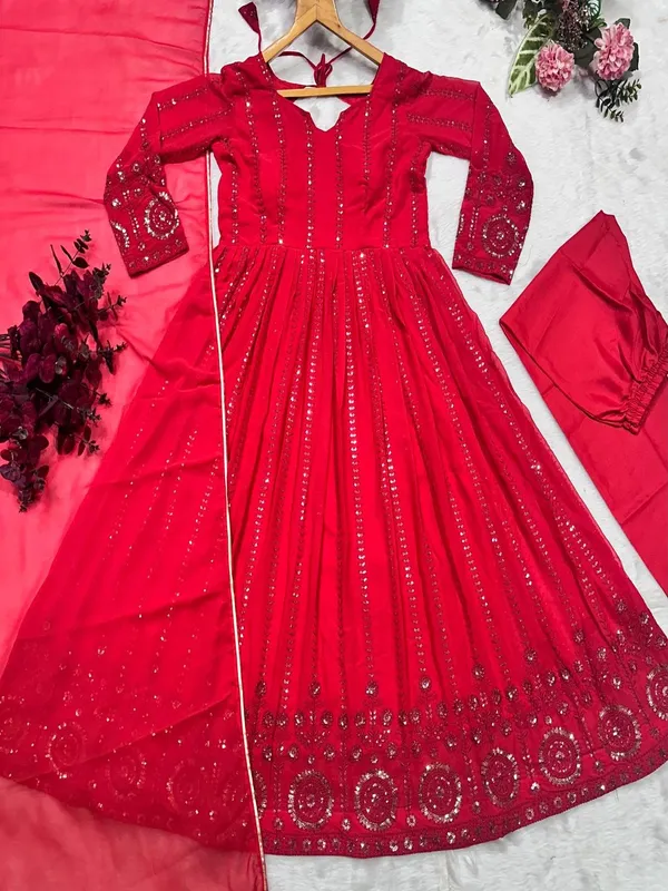Red_Georgette_Embellished_Anarkali_Kurta_Set_For_Women