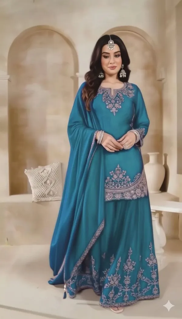 Teal_Georgette_Embroidered_Kurta_Skirt_With_Dupatta_For_Women