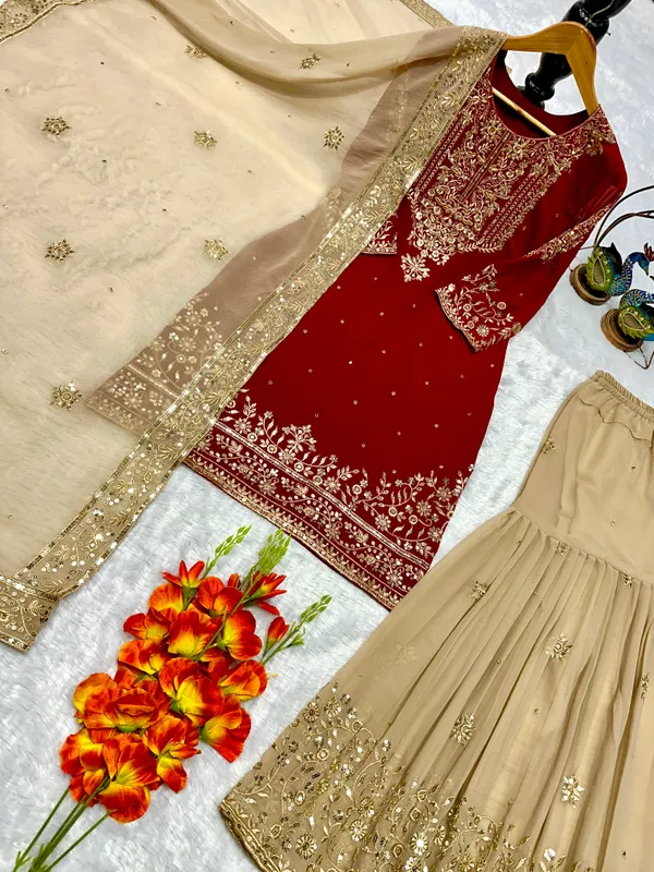 Red_Georgette_Embroidered_Sharara_Kurta_Set_For_Women