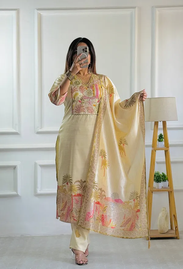 Cream_Georgette_Printed_Straight_Kurta_Set_For_Women