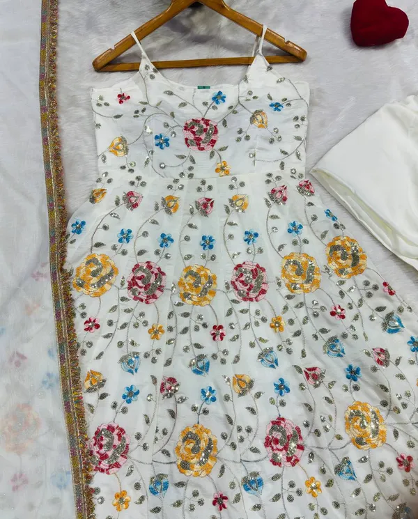White_Georgette_Embroidered_Flared_Dress_Set_For_Women