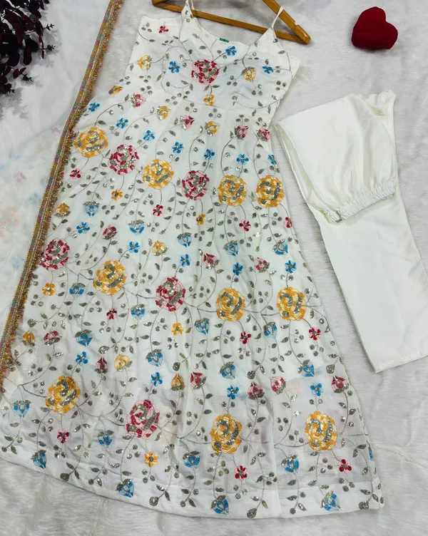 White_Georgette_Embroidered_Flared_Dress_Set_For_Women