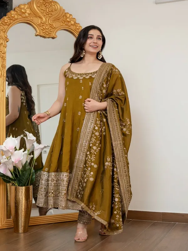 Olive_Georgette_Embroidered_Anarkali_Kurta_Set_For_Women