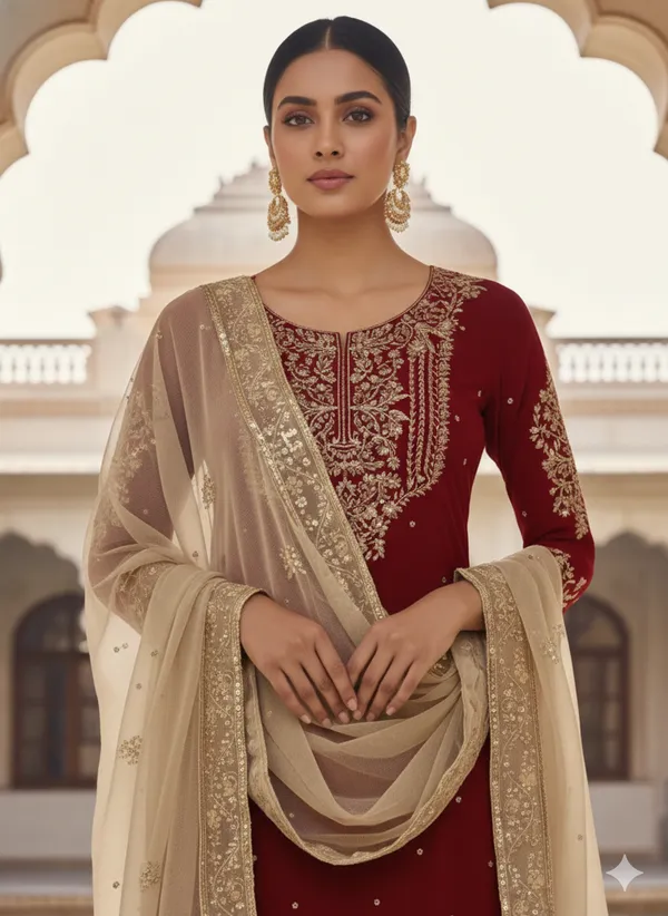 Red_Georgette_Embroidered_Sharara_Kurta_Set_For_Women