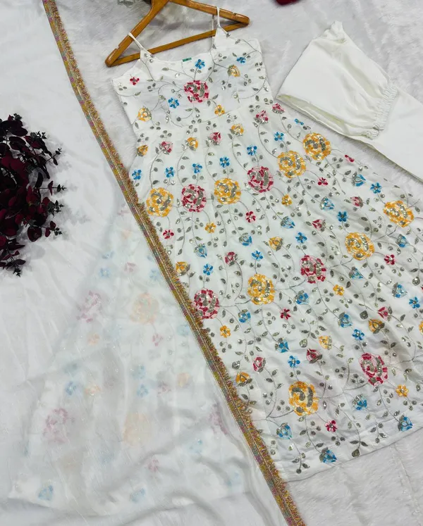 White_Georgette_Embroidered_Flared_Dress_Set_For_Women