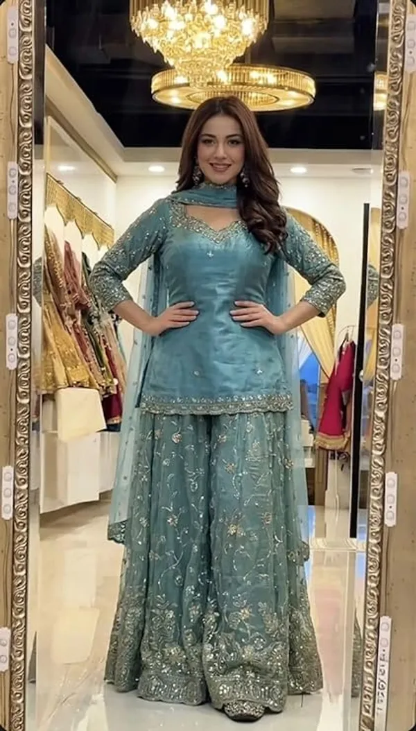 Teal_Georgette_Embroidered_Sharara_Kurta_Set_For_Women