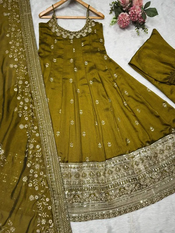 Olive_Georgette_Embroidered_Anarkali_Kurta_Set_For_Women