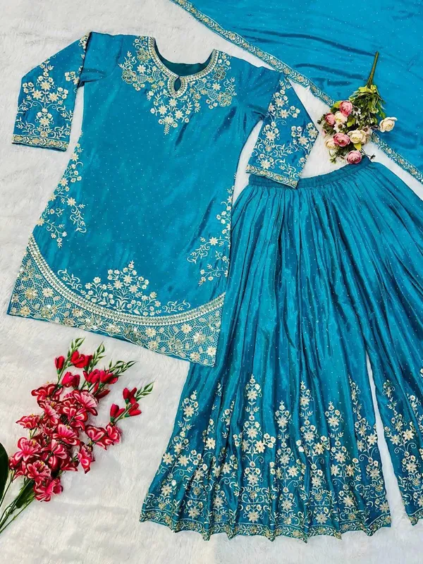 Teal_Georgette_Embroidered_Kurta_Skirt_With_Dupatta_For_Women
