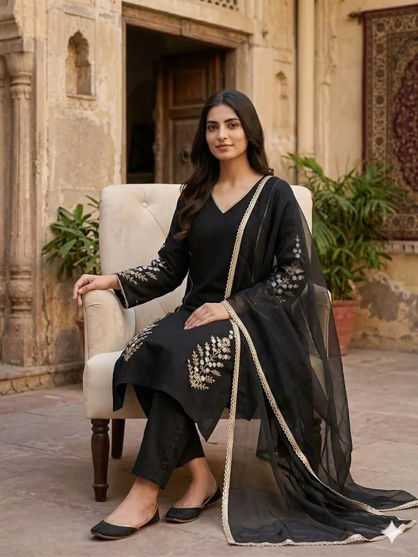 Black_Georgette_Embroidered_Straight_Kurta_With_Bottoms_Dupatta_For_Women