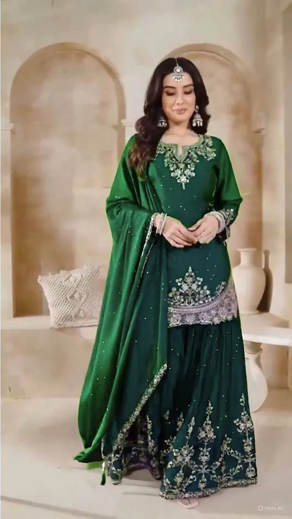 Green_Georgette_Embroidered_Lehenga_Kurta_Set_For_Women