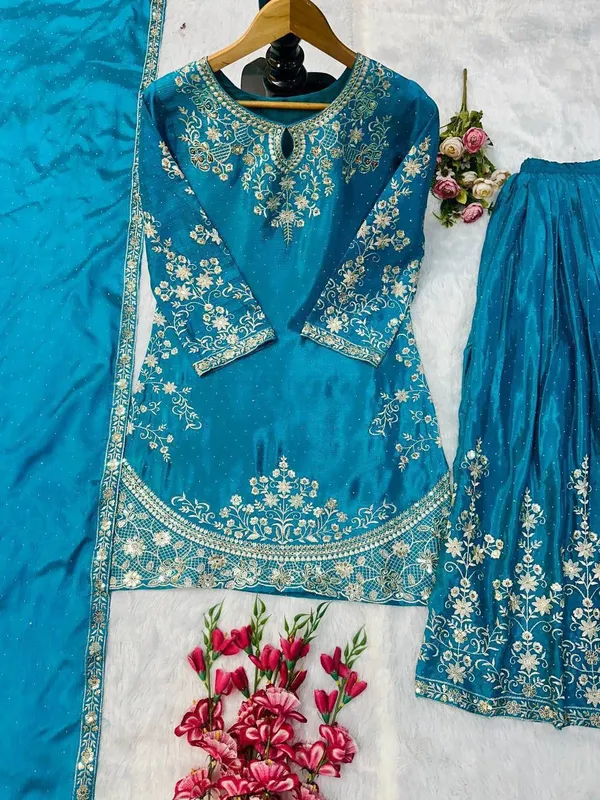 Teal_Georgette_Embroidered_Kurta_Skirt_With_Dupatta_For_Women