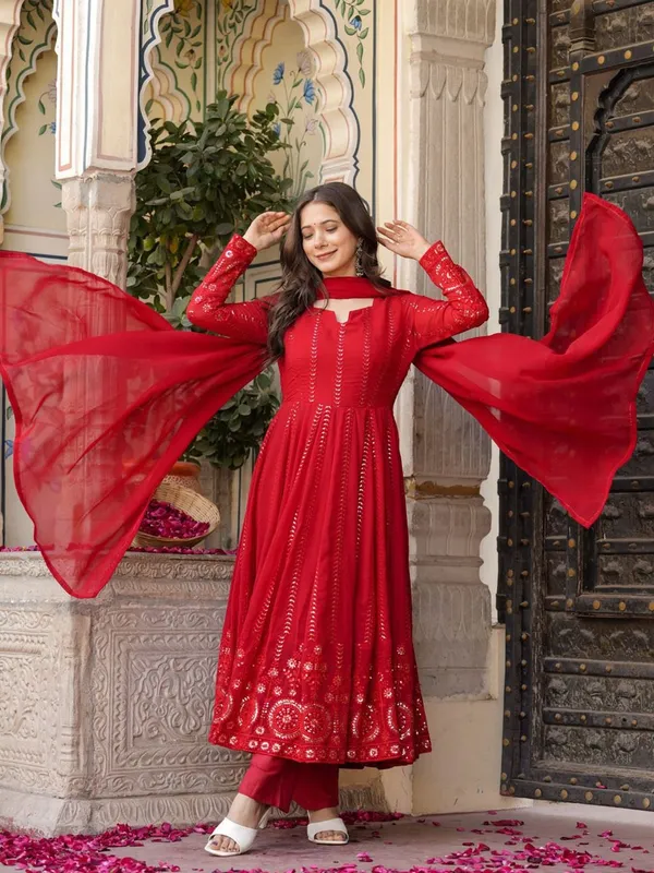 Red_Georgette_Anarkali_Kurta_With_Dupatta_And_Bottoms_For_Women