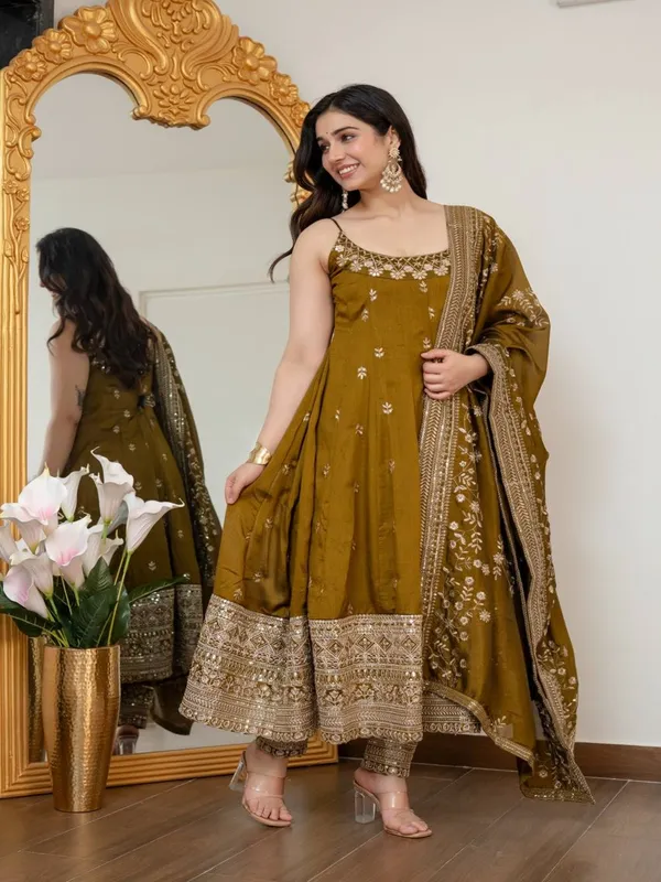 Olive_Georgette_Embroidered_Anarkali_Kurta_Set_For_Women