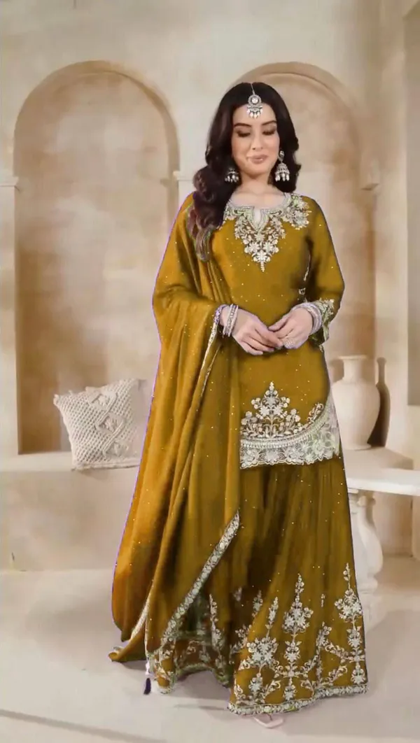 Olive_Georgette_Embroidered_Kurta_Flared_Bottoms_Dupatta_Set_For_Women