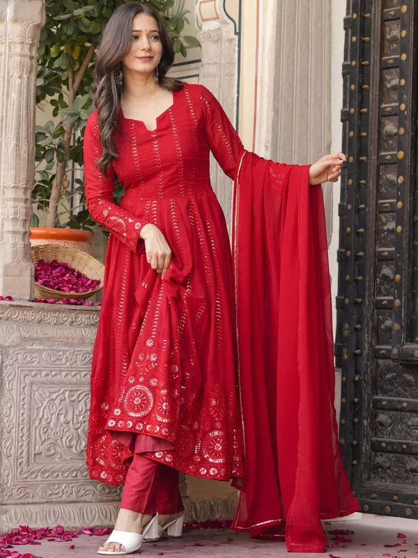 Red_Georgette_Anarkali_Kurta_With_Dupatta_And_Bottoms_For_Women