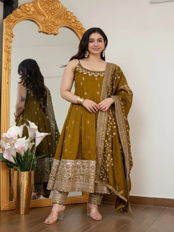 Olive_Georgette_Embroidered_Anarkali_Kurta_Set_For_Women