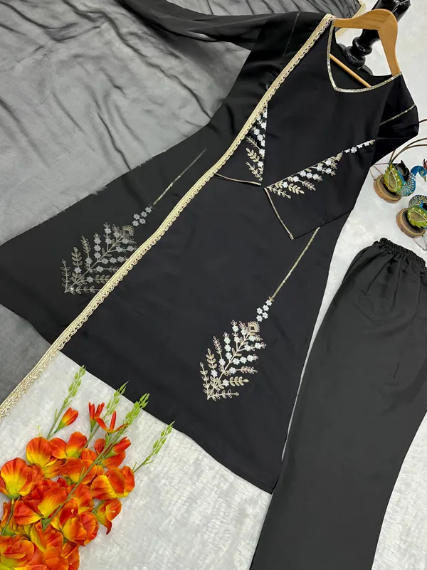 Black_Georgette_Embroidered_Straight_Kurta_With_Bottoms_Dupatta_For_Women