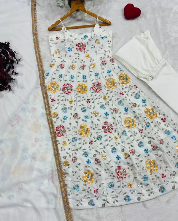 White_Georgette_Embroidered_Flared_Dress_Set_For_Women