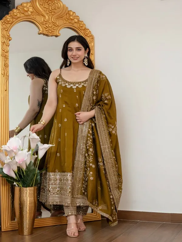 Olive_Georgette_Embroidered_Anarkali_Kurta_Set_For_Women