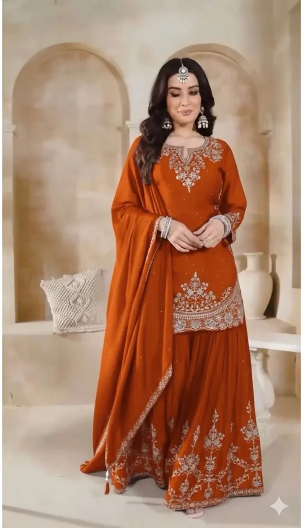 Orange_Georgette_Embroidered_Kurta_Set_For_Women