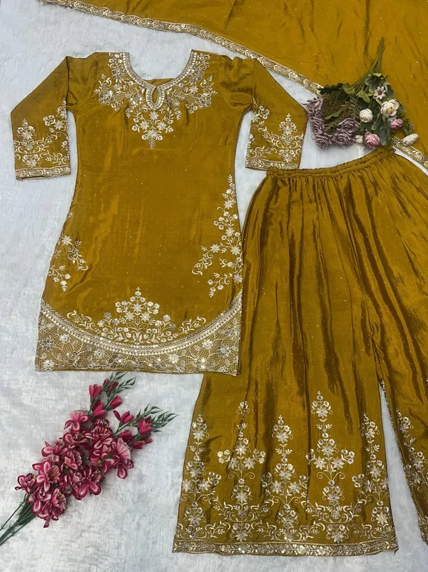Olive_Georgette_Embroidered_Kurta_Flared_Bottoms_Dupatta_Set_For_Women