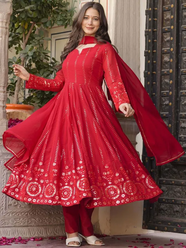Red_Georgette_Anarkali_Kurta_With_Dupatta_And_Bottoms_For_Women