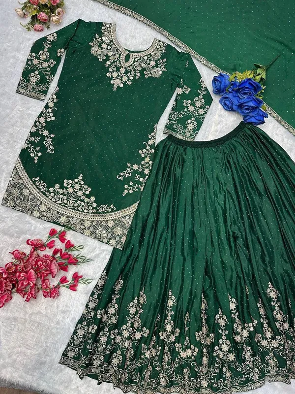 Green_Georgette_Embroidered_Lehenga_Kurta_Set_For_Women