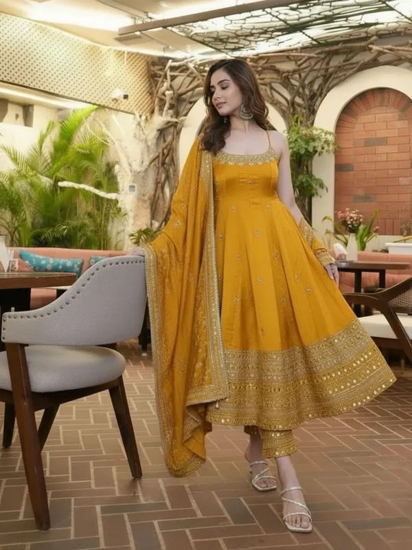 Mustard_Georgette_Embellished_Anarkali_Kurta_With_Bottoms_Dupatta_For_Women