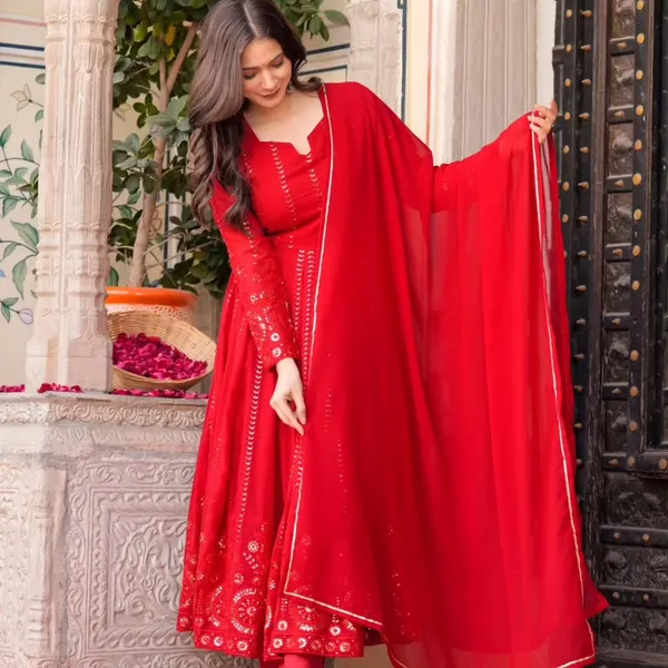 Red_Georgette_Anarkali_Kurta_With_Dupatta_And_Bottoms_For_Women