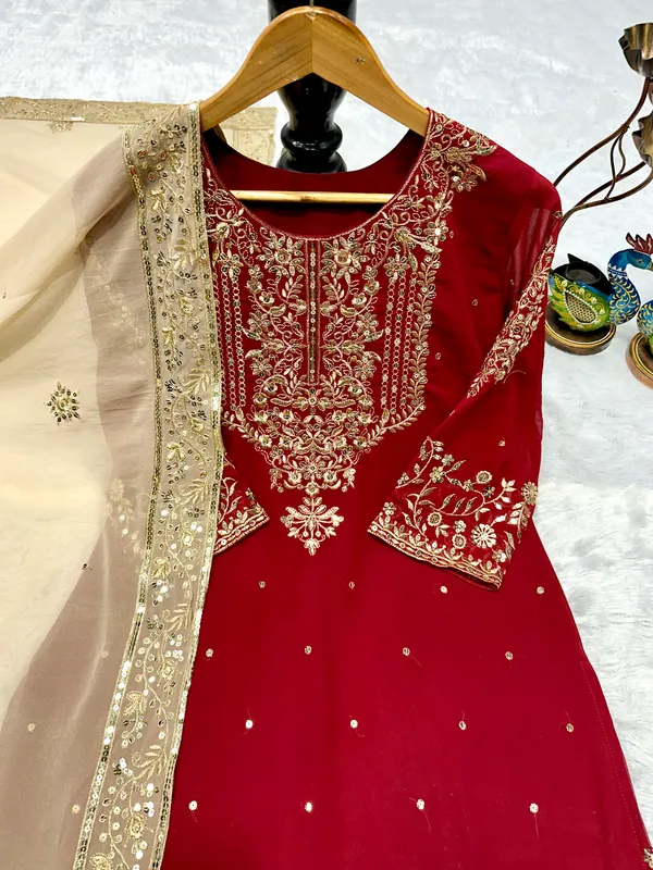 Red_Georgette_Embroidered_Sharara_Kurta_Set_For_Women