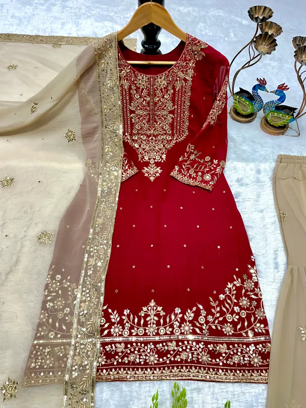 Red_Georgette_Embroidered_Sharara_Kurta_Set_For_Women