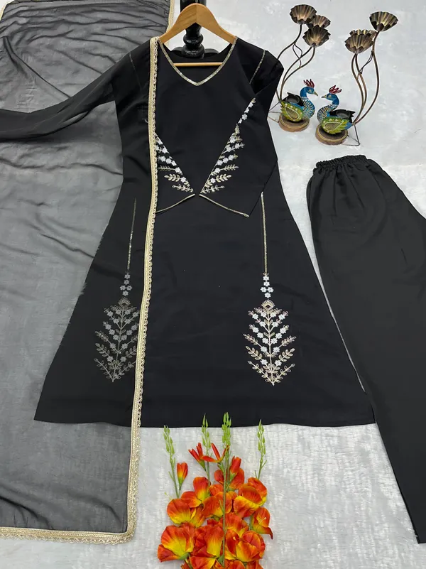 Black_Georgette_Embroidered_Straight_Kurta_With_Bottoms_Dupatta_For_Women