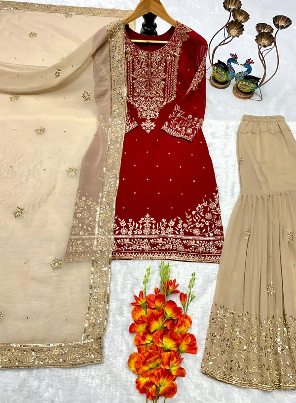 Red_Georgette_Embroidered_Sharara_Kurta_Set_For_Women