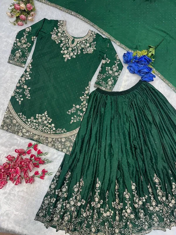 Green_Georgette_Embroidered_Lehenga_Kurta_Set_For_Women