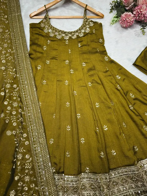 Olive_Georgette_Embroidered_Anarkali_Kurta_Set_For_Women
