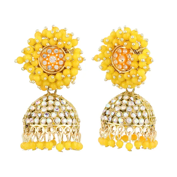 Yellow_Beaded_Gold_Brass_Floral_Jhumka_Earrings_For_Women