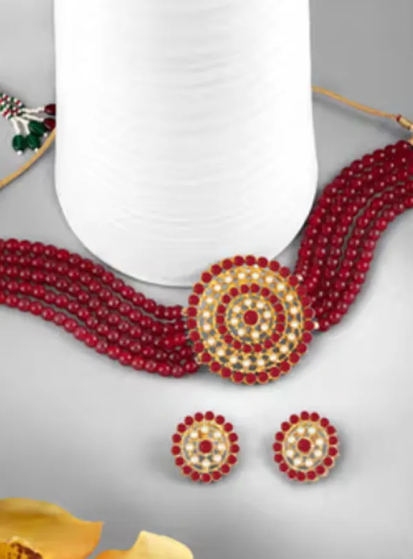 Red_Gold_Tone_Beaded_Choker_Necklace_Set_For_Women