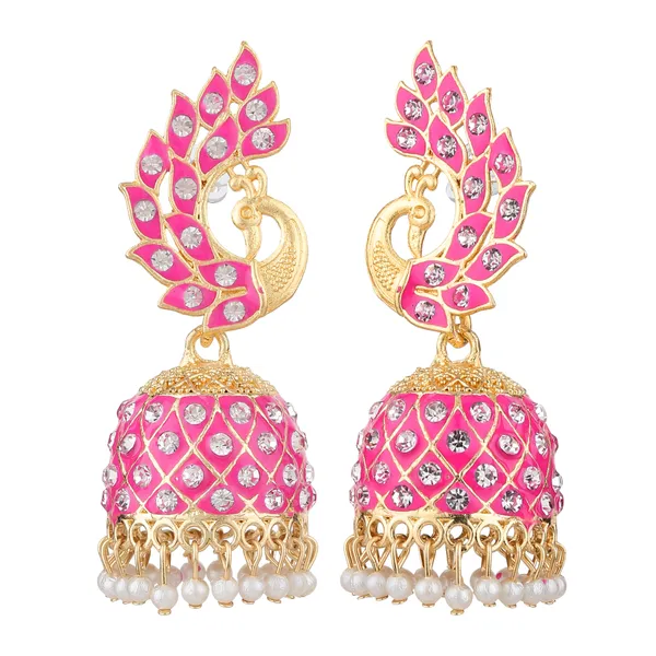 Pink_Gold_Brass_Gold_Plated_Stone_Peacock_Jhumka_Earrings_For_Women