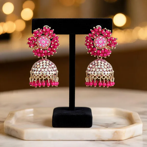 Pink_Beaded_Gold_Brass_Dome_Jhumka_Earrings_For_Women