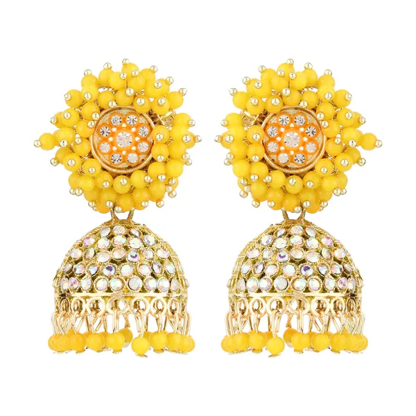 Yellow_Beaded_Gold_Brass_Floral_Jhumka_Earrings_For_Women